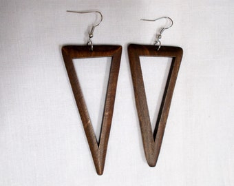 Bohemian LARGE Size DARK BROWN Color Triangle Silhouette Shape Wooden Hand Stained Rustic Dangling Wood Drop Hoop Style Earrings