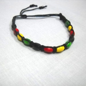 Hand Weave Black Macrame RASTA Color Wood Beads in Red Green Yellow & Black Tie On Ankle or Wrist Reggae Fashion Bracelet 7 - 10 Inches