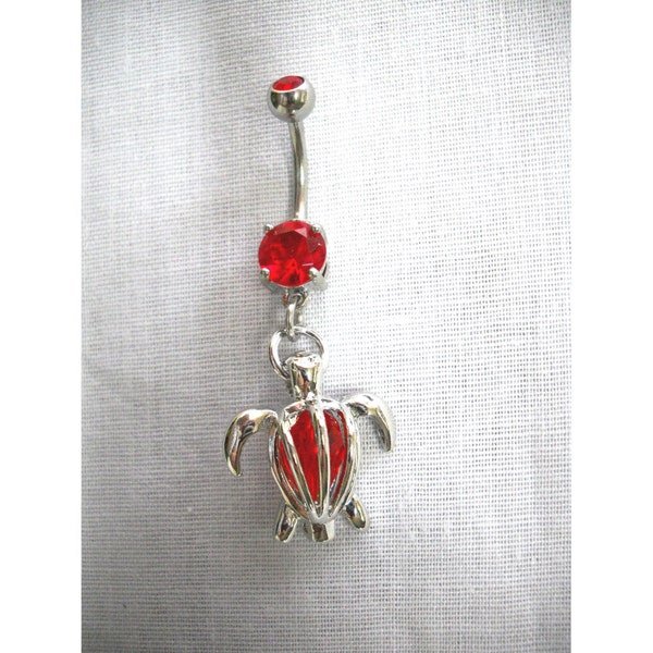 Sea Turtle Belly Ring: Red Crystal Honu Navel Barbell
