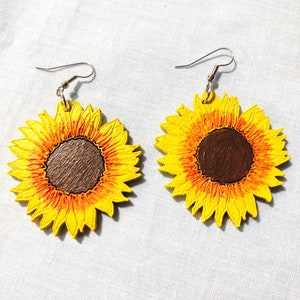 Sunflower Blooms Bright YELLOW and ORANGE Bold Wooden Hand Painted Dangling Real Wood Fashion 2&quot; Earrings