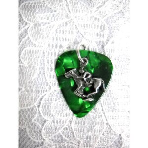 Horse Racing Track Deep Emerald Green Real Guitar Pick & Hand Cast Pewter JOCKEY on HORSE Charm Double Pendant on Adjustable Cord Necklace