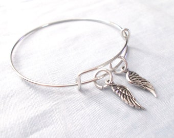 New Double Charm Detailed Tercel ANGEL WING Charms on Silver Tone Bangle Slider Bracelet