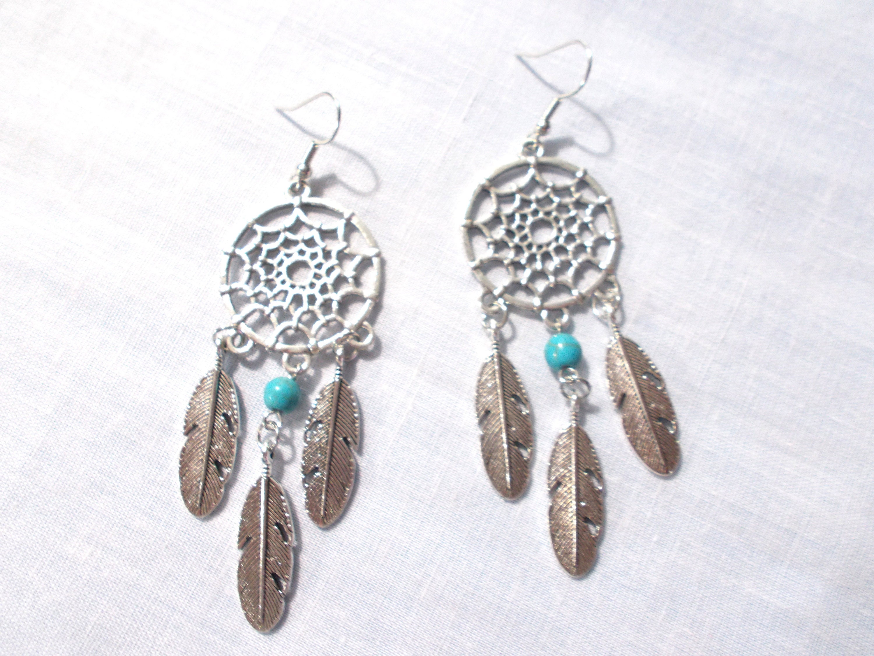Silver Earrings Small Light Blue Turquoise Bead Dream-catcher Navajo Jewelry St 