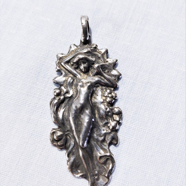 Greek Mythology VENUS Goddess in Flowing Gown with Hair and Flowers Deco Silver Pewter Pendant on Adjustable String Cord Necklace