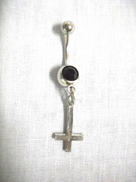Inverted Cross Belly Ring: Pewter Satanic Charm, Black CZ Stone