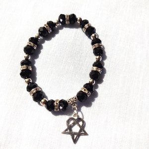 Heart Pentagram on BLACK CRYSTAL Beaded Stretch Bracelet RHINESTONE and Silver Plate Ring Spacer 6 - 7 Inches
