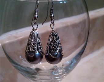 Handmade Antique, Vintage Style, Czech Glass, Lustrous Grey Pearl Earrings with Silver Plated Bead Caps