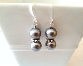 Handmade Elegant and Vintage Style Lustrous Grey Czech Glass Pearls with Pewter Spacers, Dangle Earrings, Silver Plated Earring Hooks