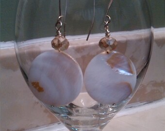 TerryACarter Handmade Beautiful Dangling Flat Glass Pearls Bronze Color with Swarovski Crystal Rondelle 5mm, Silver Plated Earring Wire