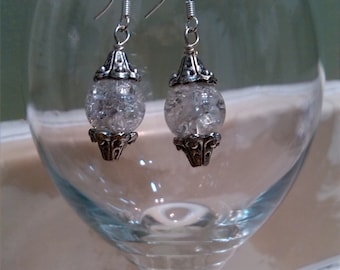 Handmade Vintage, Crackle Czech Glass Earrings with Metal Bead Caps, Silver Plated and French Earring Hooks