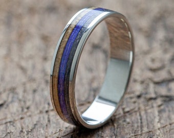 Silver Recycled Skateboard Extra durable Custom Ring with silver or titanium inner band -  Wooden Ring - Wedding ring - Eco - Gift