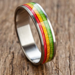 Rasta Wooden Titanium Ring, Wedding hemp ring Waterproof, Smoker Gift Idea, Skateboarding, Surfing Surprise - Colorful