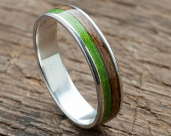 Silver Recycled Skateboard Extra durable Ring with silver inner band -  Wooden Ring - Wedding ring - Eco - Gift