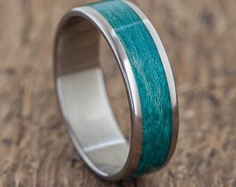Handcrafted Titanium Ring with Turquoise Recycled Maple Skateboards | Custom Engraved | Durable, Lightweight, Waterproof | Free Wooden Box