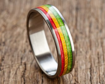 Rasta Wooden Titanium Ring, Wedding hemp ring Waterproof, Smoker Gift Idea, Skateboarding, Surfing Surprise - Colorful