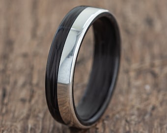 Carbon Fiber Wedding Ring for Men – Black & Silver Band, Custom Width, Matte or Glossy Finish, Durable Gift