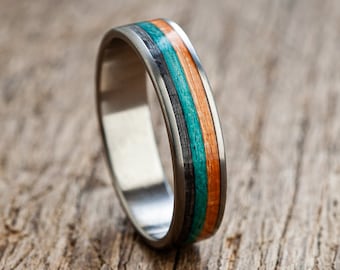 Colorful Wooden Titanium Band Wedding skateboard ring Waterproof Nature lover Idea, Skateboarding  Surfing Surprise Extra Durable