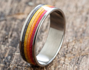 Recycled Skateboards Wooden Titanium Ring, Wedding ring Waterproof, Gift Idea, Skateboarding, Surfing Surprise, upcycled