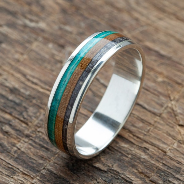 Planches à roulettes recyclées Bague en argent en bois, Alliance étanche, Idée cadeau minimaliste pour les amoureux de l'océan, Planche à roulettes, Surf Surprise, Eco