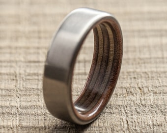 Titanium Recycled Skateboards Brown Ring - Wood -  Extra durable- Wooden ring - Minimalist -  Wedding ring Waterproof - Gift Idea - Modern