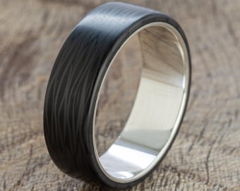 Black Carbon Fiber Ring with Silver Minimalist Men’s Wedding Band