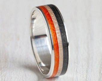 Extra langlebiger kundenspezifischer Silber Recycled Skateboard Ring mit silbernen Kanten - Holzring - Ehering - Öko - Geschenk