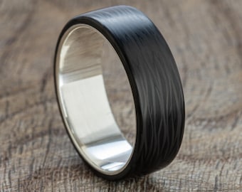 Black Carbon Fiber Ring with Silver Minimalist Men’s Wedding Band