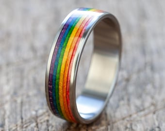 LGBT ring  Pride Gift Titanium Recycled Skateboards Wooden Rainbow Color Ring, Wedding skateboard ring