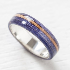 Bague en bois de skateboard recyclée faite main, anneau en argent sterling