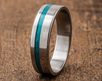Turquoise Titanium Ring with Recycled Skateboard Wood – Handmade Wedding Band – Minimalist Ring