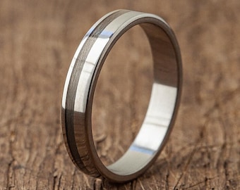Titanium Ring with Grey Recycled Skateboard Wood | Handmade Waterproof Men’s Band | Eco Friendly Wedding Ring Gift