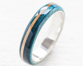 Blue Skateboard Wood Ring, Thin Wedding Band, Custom Engraving