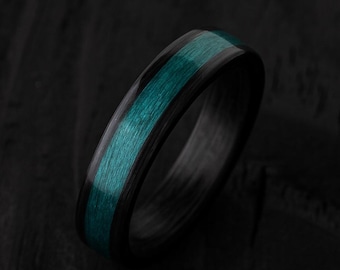 Carbon Fiber Ring with Turquoise Wood Inlay – Handmade Black Wedding Band for Men, Lightweight and Durable Modern Jewelry Gift