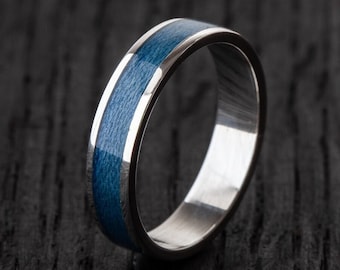 Blue Recycled Skateboards Silver Ring - Wooden ring - Bue Ocean -  Wedding ring Waterproof - Gift Idea - Sterling Silver