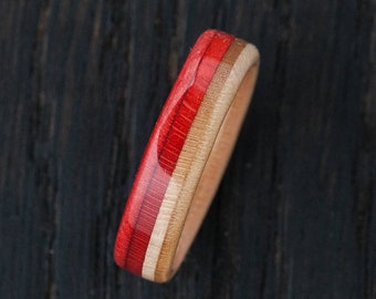 Red Wooden Skateboard Ring - Gift - BoardThing - Waterproof - Recycled Skateboards - Wedding ring - Blue - Brown - Eco Jewellery