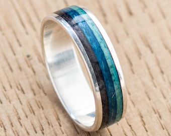 Minimalist Turquoise Blue Black Skateboard Wooden Silver Ring, Wedding Waterproof, Ocean Lover Gift Idea, Skateboarding, Surfing Surprise