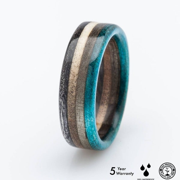 Skateboard Ring - Wooden Ring - Recycled Skateboard - Wedding ring - Waterproof - BoardThing - Gift - Wooden Jewelry - Wooden Bands - Blue