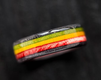 Skateboard Ring - Rasta - Anneau en bois - Rasta - Rouge - Jaune - Vert - Rastafari - 100% imperméable à l’eau - Noir - boîte incluse - Cannabis - Jah