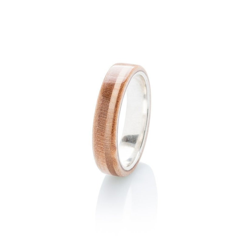 Wooden silver Ring - Skateboard Ring - Waterproof - Recycled Skateboards Ring - Wedding band - Upcycled Jewelry - Gift - BoardThing - Wood image 1