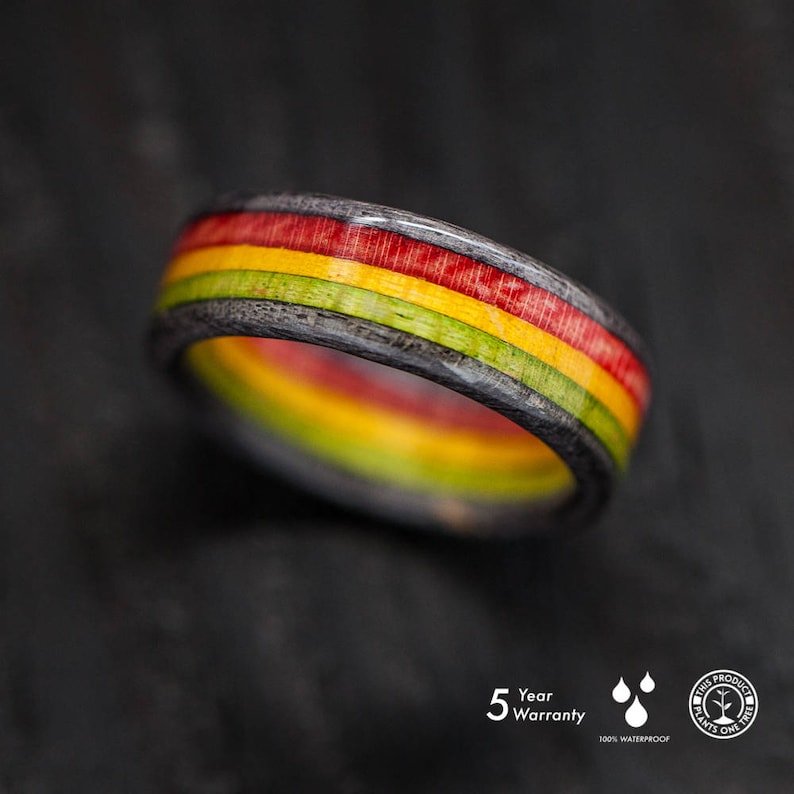 Skateboard Ring Rasta Wooden Ring Rasta Red Yellow Green Rastafari 100% Waterproof Black box included Cannabis Jah image 3