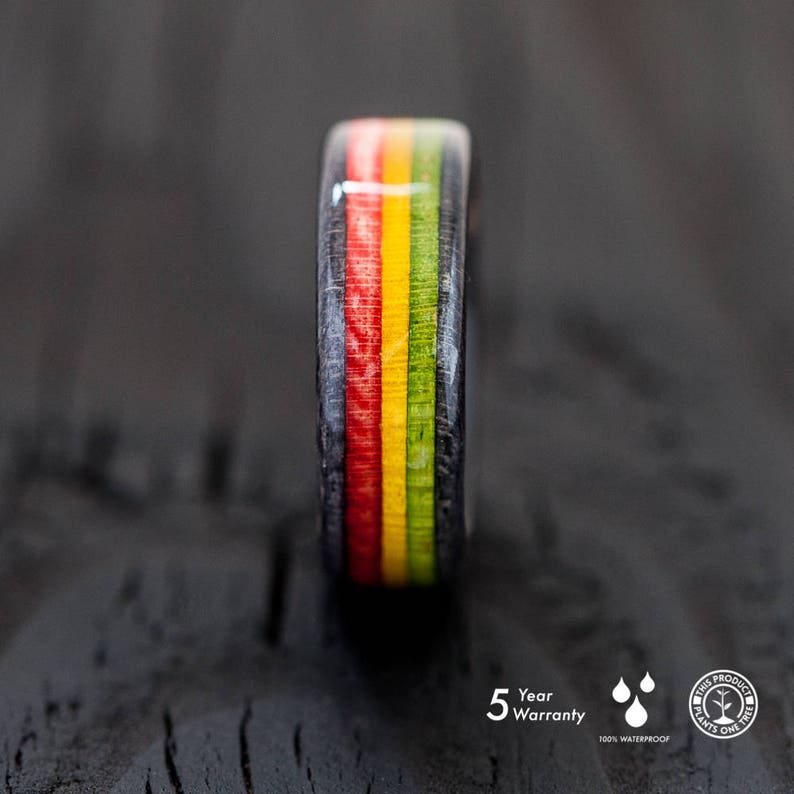 Skateboard Ring Rasta Wooden Ring Rasta Red Yellow Green Rastafari 100% Waterproof Black box included Cannabis Jah image 5