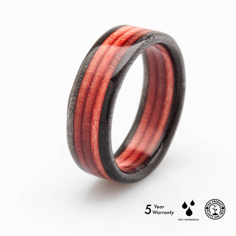 Recycled Skateboard Wooden Ring Red Bentwood Ring Gift BoardThing Waterproof Recycled Skateboards Wedding ring Wooden Bands image 2