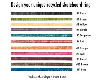 May include: A chart showing 11 different colors of recycled skateboard wood, each with a number and name. The colors are black, green, yellow, purple, turquoise, red, orange, pink, claret, brown, and blue. The text "*thickness of each layer is around 1,4mm" is at the bottom of the chart.