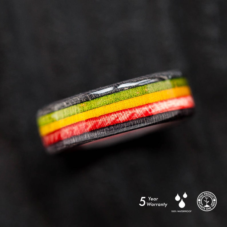 Skateboard Ring Rasta Wooden Ring Rasta Red Yellow Green Rastafari 100% Waterproof Black box included Cannabis Jah image 1