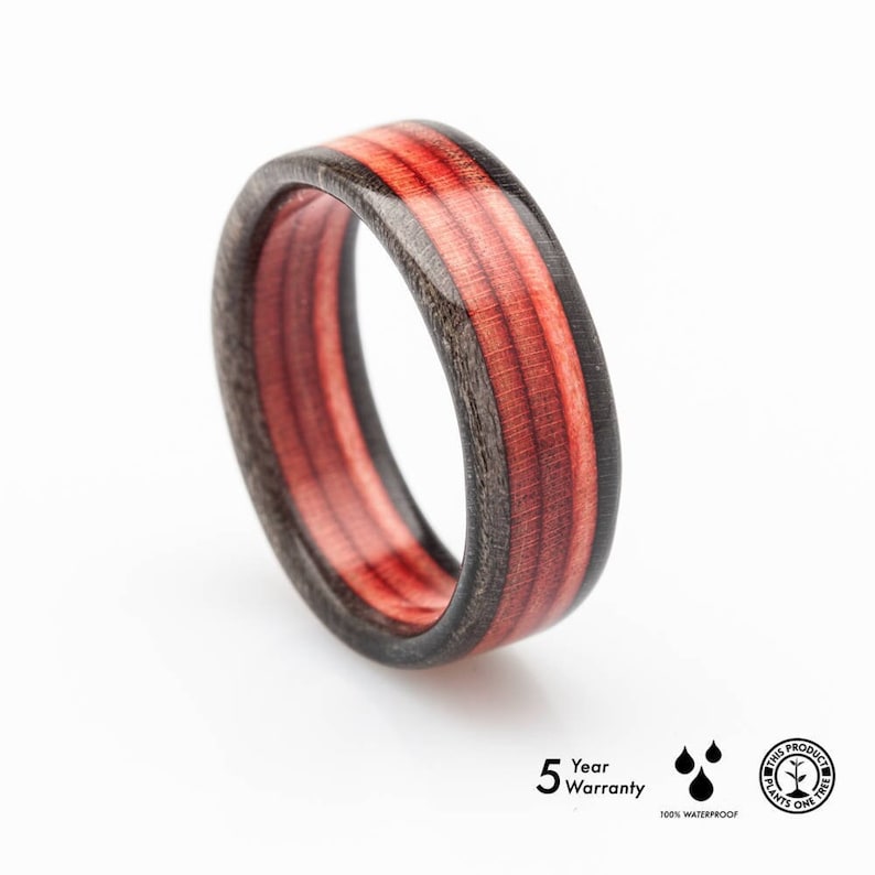 Recycled Skateboard Wooden Ring Red Bentwood Ring Gift BoardThing Waterproof Recycled Skateboards Wedding ring Wooden Bands image 1