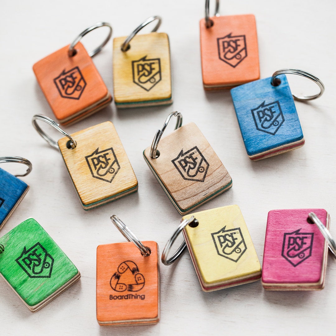 Custom Keychain, Recycled Skateboard, Wooden, Recycled Keychain