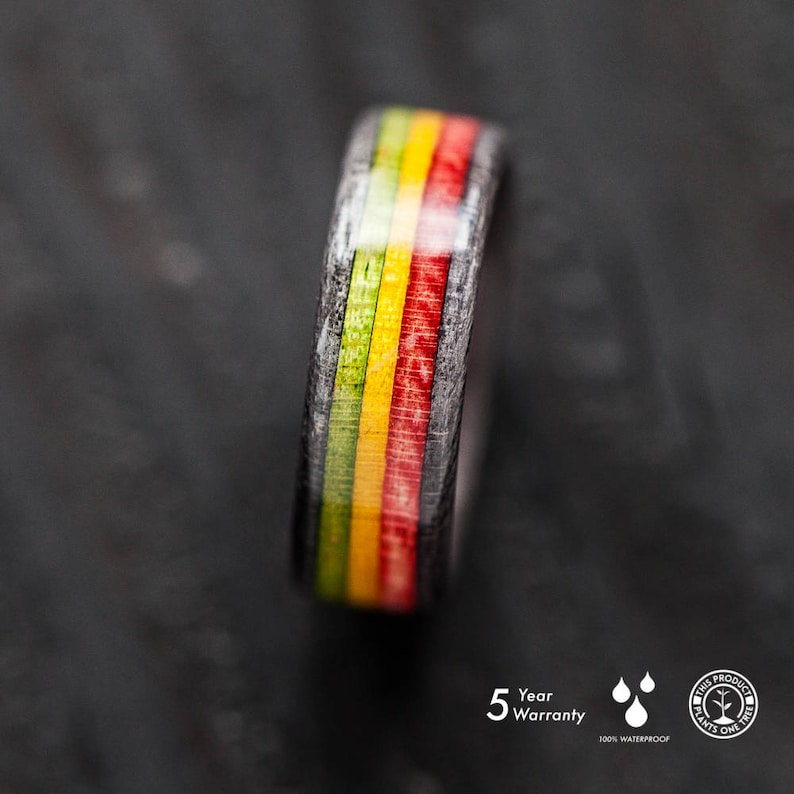 Skateboard Ring Rasta Wooden Ring Rasta Red Yellow Green Rastafari 100% Waterproof Black box included Cannabis Jah image 2