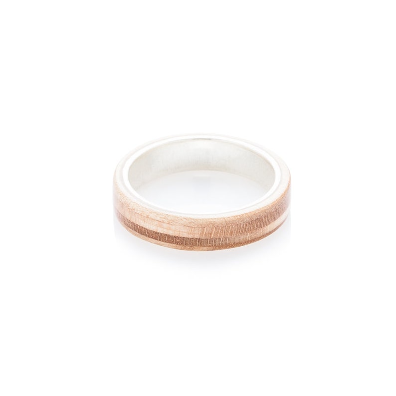 Wooden silver Ring - Skateboard Ring - Waterproof - Recycled Skateboards Ring - Wedding band - Upcycled Jewelry - Gift - BoardThing - Wood image 4