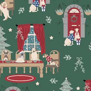 Christmas Dog fabric green, Dog Fabric, Christmas Fabric, Green Fabric, 100% Cotton fabric by The Craft Cotton Company, by half metre, metre