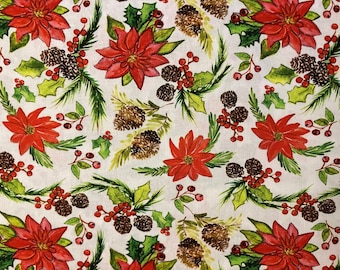 Poinsettia Fabric, Christmas Fabric, Christmas Floral Fabric 100% Cotton fabric by The Craft Cotton Company, by the half metre, by the metre